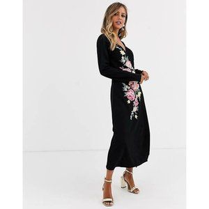 NWT Asos Black Pink Embroidered Wrap Midi Dress 6